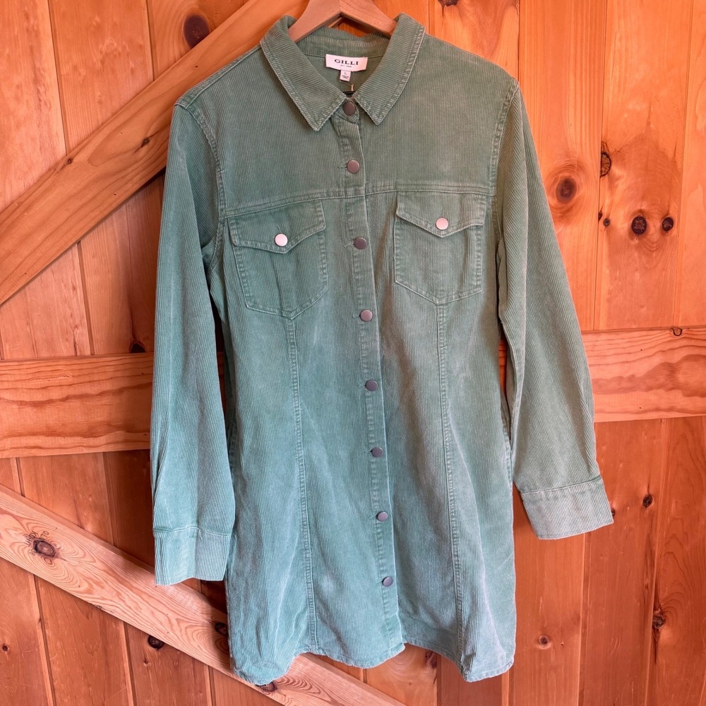 Gilli Corduroy Shirt Dress Women Size L Sage Green Shacket Dress Long Sleeve NWT